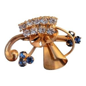Vintage Goldtone Brooch Pin with Clear and Blue Rhinestones